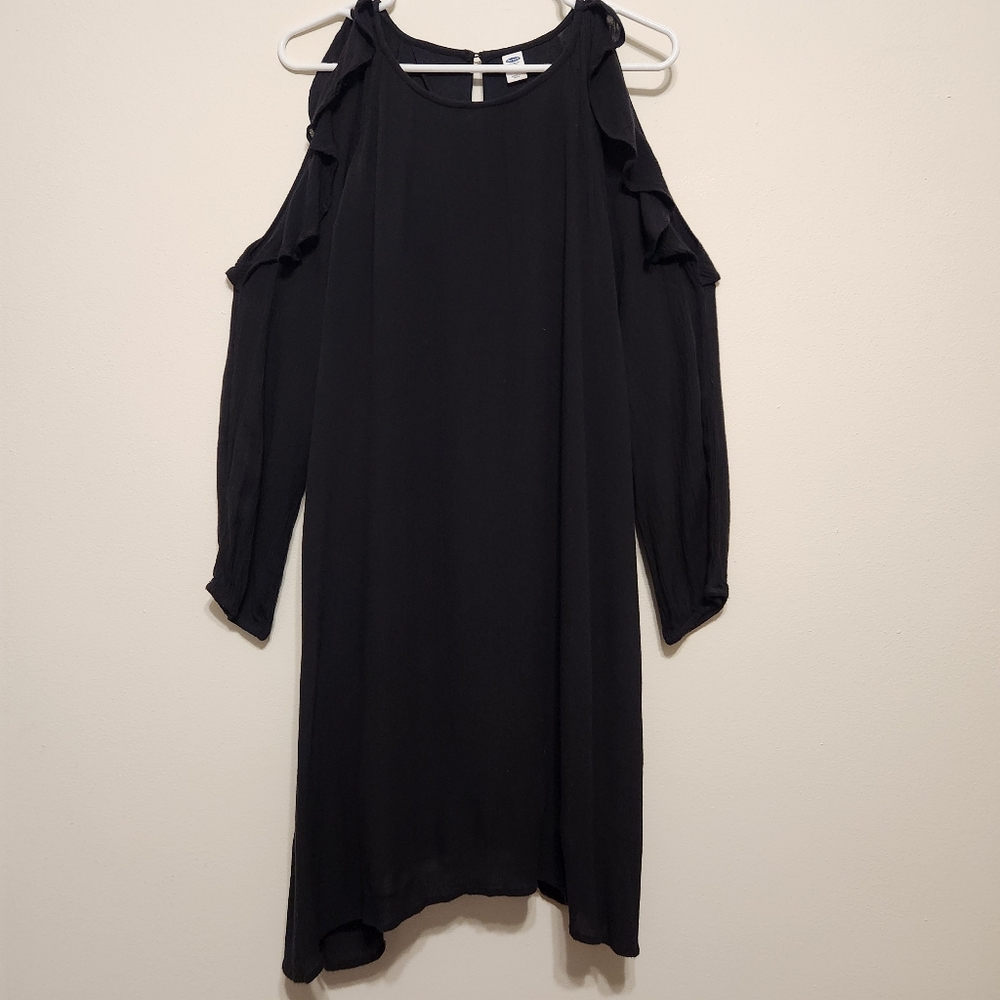 Black Ruffled Long Sleeve Cold Shoulder Mini Dress